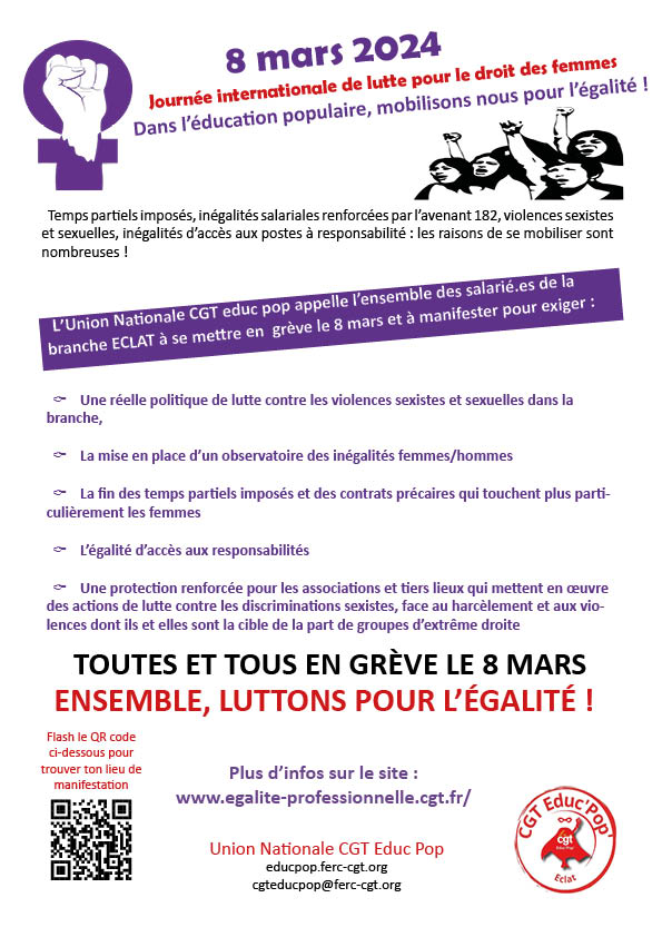 logo 8 mars 2024 : Journée internationale de lutte pour le droit des femmes : Dans l'éducation populaire, mobilisons nous pour l'égalité ! 