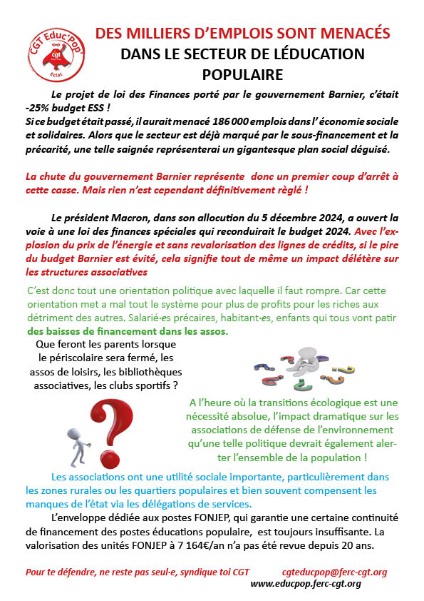 logo DES MILLIERS D'EMPLOIS SONT MENACÉS DANS LE SECTEUR DE LÉDUCATION POPULAIRE